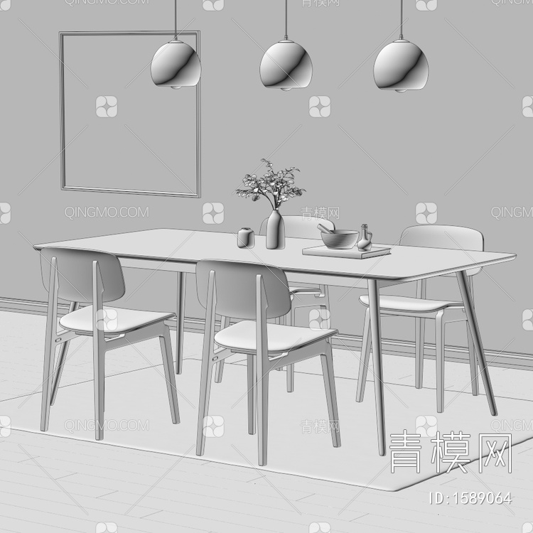 餐桌椅组合_餐椅_地毯_装饰画3D模型下载【ID:1589064】