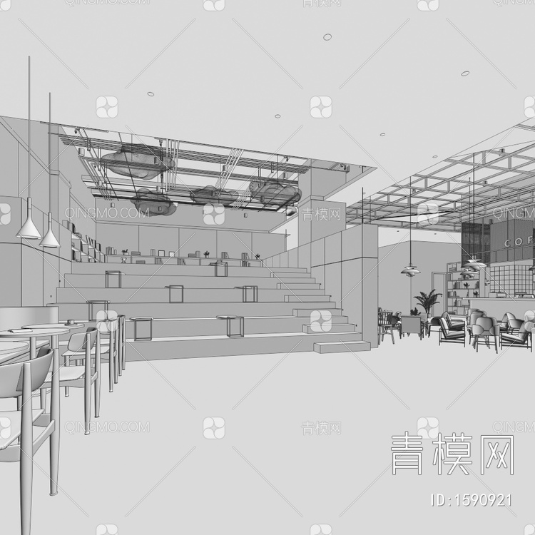 咖啡厅 公共区域 卡座区域 咖啡厅 阶梯阅读区3D模型下载【ID:1590921】