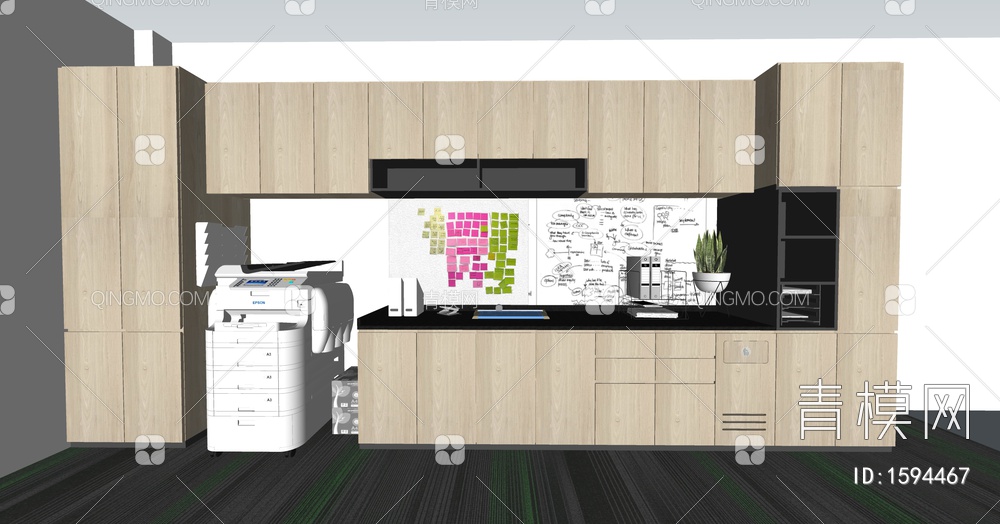 办公区操作台，打印区，咖啡机，绿植，柜子，装饰壁纸SU模型下载【ID:1594467】