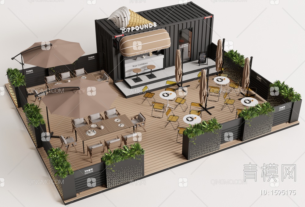 户外商业外摆区 咖啡厅外摆 户外桌椅 花箱3D模型下载【ID:1595175】