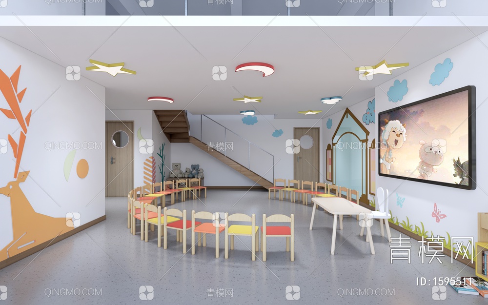 幼儿园教室 儿童活动空间 幼儿园背景墙 儿童书架 儿童桌椅4SU模型下载【ID:1595511】