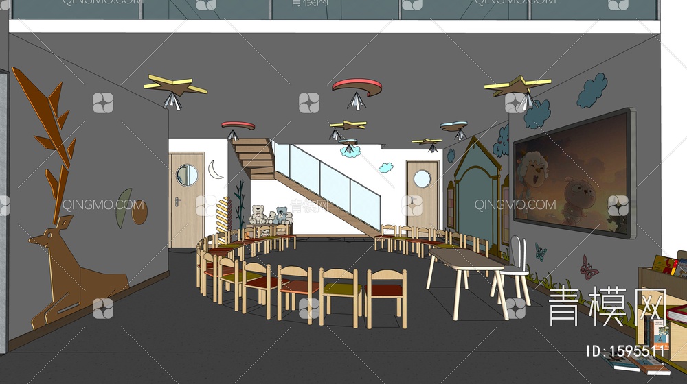幼儿园教室 儿童活动空间 幼儿园背景墙 儿童书架 儿童桌椅4SU模型下载【ID:1595511】