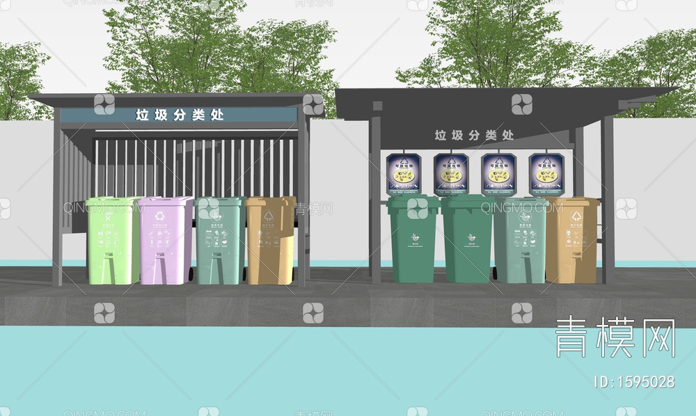 垃圾分类站 户外垃圾桶 垃圾SU模型下载【ID:1595028】