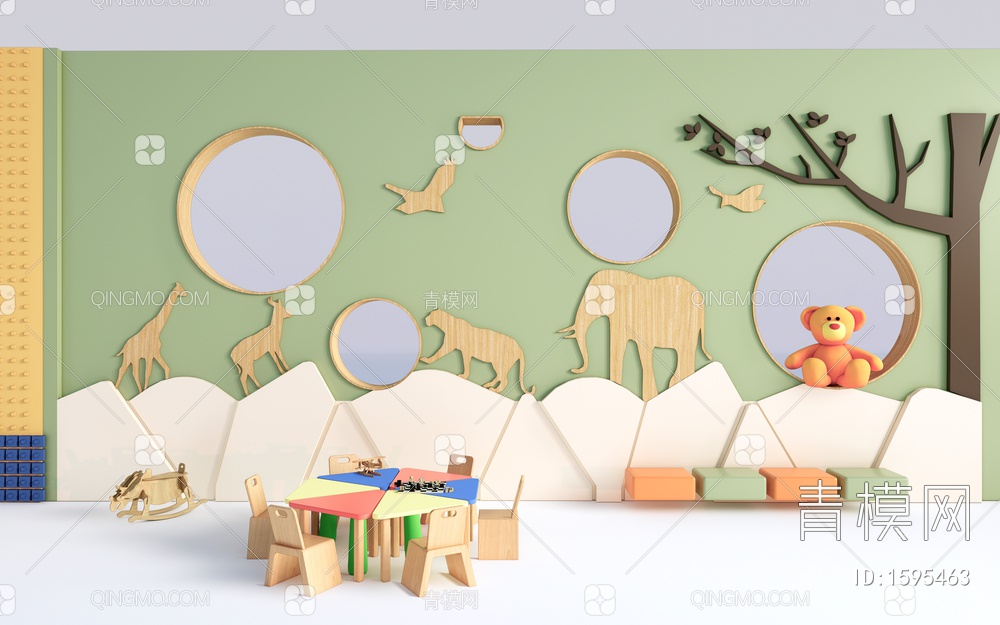 儿童桌椅 儿童家具 儿童书架 幼儿园背景墙SU模型下载【ID:1595463】