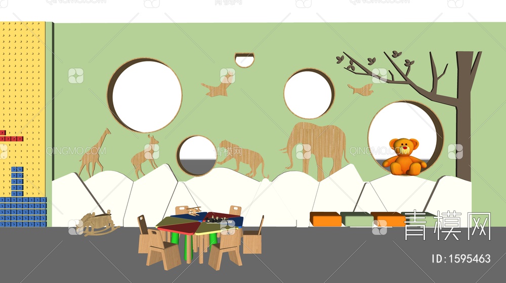 儿童桌椅 儿童家具 儿童书架 幼儿园背景墙SU模型下载【ID:1595463】