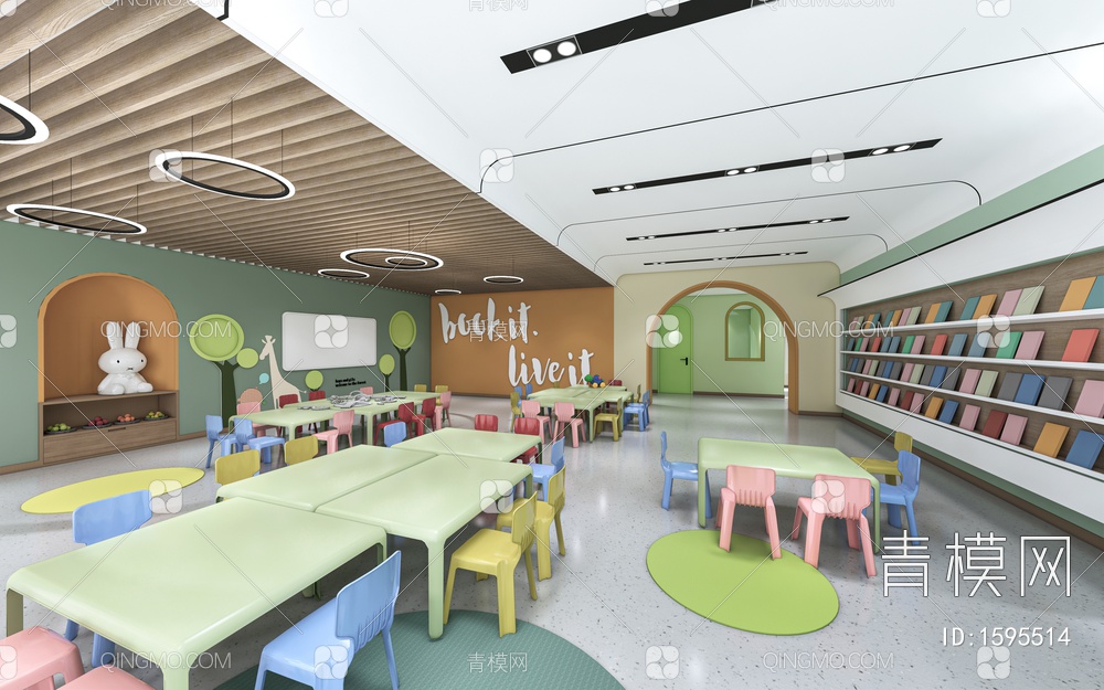 幼儿园教室 儿童活动空间 幼儿园背景墙 儿童书架 儿童桌椅SU模型下载【ID:1595514】