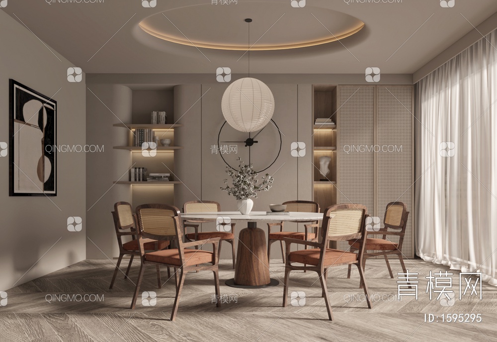 餐厅，圆形餐桌椅，圆形吊灯，定制餐边柜，纱帘，餐椅3D模型下载【ID:1595295】