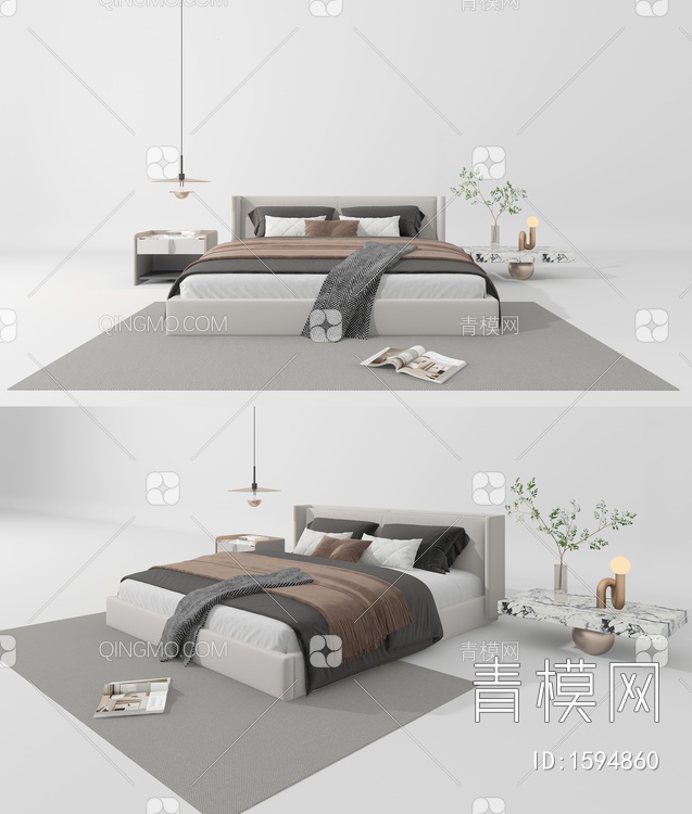 卧室床 床头柜 双人床3D模型下载【ID:1594860】