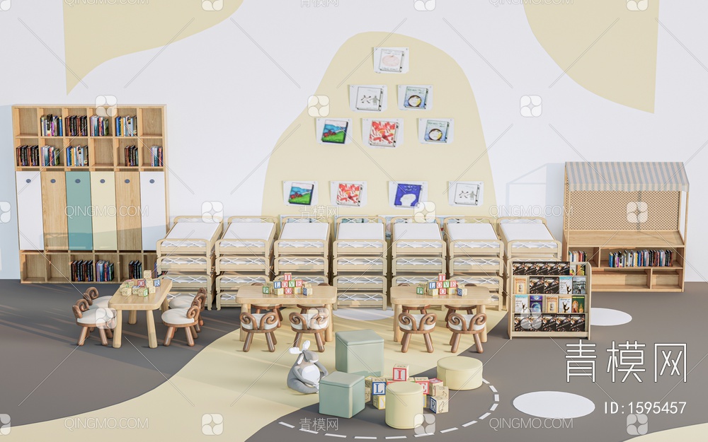 儿童桌椅 儿童家具 儿童书架 幼儿园背景墙SU模型下载【ID:1595457】