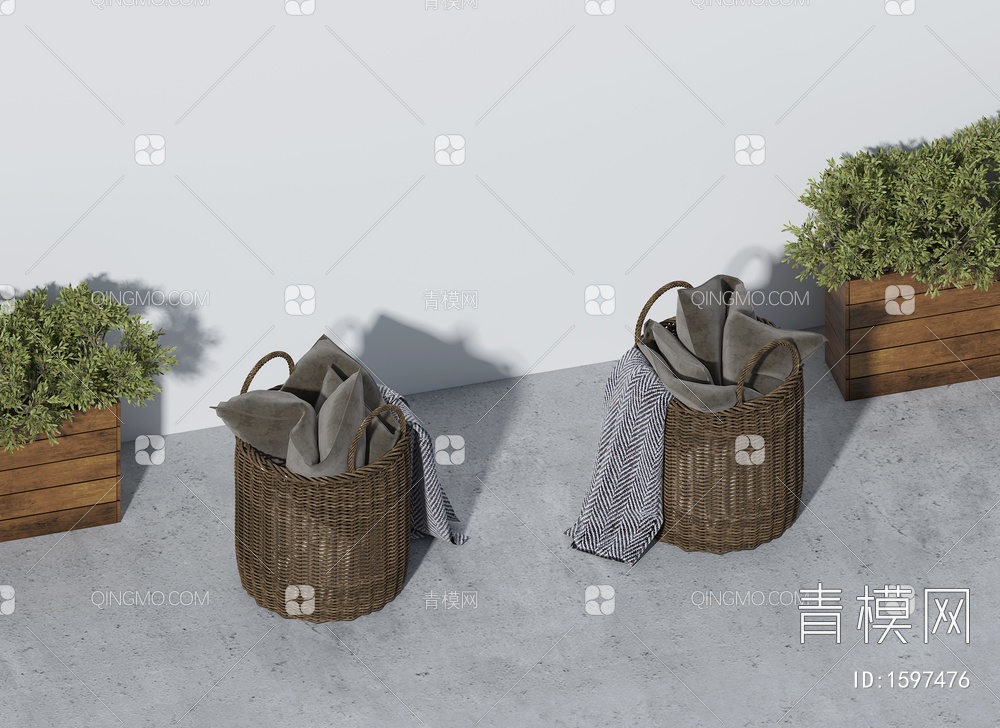 藤编衣篓 藤编脏衣篓 木质花箱3D模型下载【ID:1597476】
