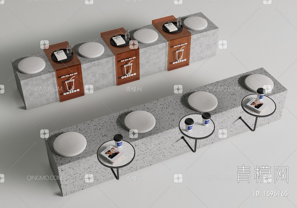 咖啡厅亚克力桌椅组合 靠墙卡座 沙发长凳3D模型下载【ID:1596165】