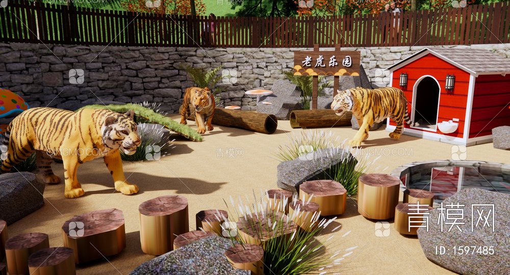 老虎公园景观 儿童游乐园 森林野生动物园 老虎饲养公园 训练器械SU模型下载【ID:1597485】