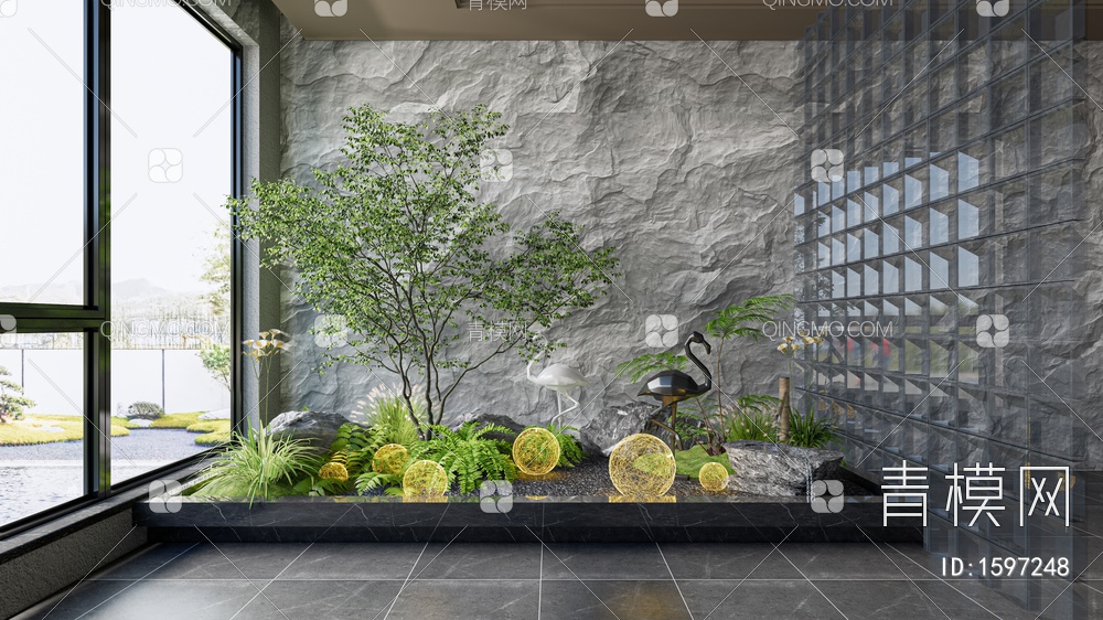 室内庭院小品 植物景观 水钵 蕨类植物 植物造景 石头 雕塑小品SU模型下载【ID:1597248】