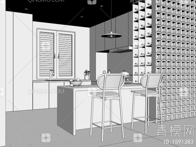 开放式厨房餐厅3D模型下载【ID:1591383】