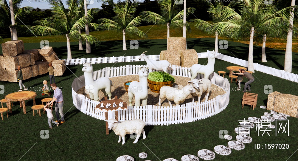 羊驼动物园 儿童游乐园 亲子萌宠乐园 绵羊 栅栏 生态牧场 乡村农场SU模型下载【ID:1597020】