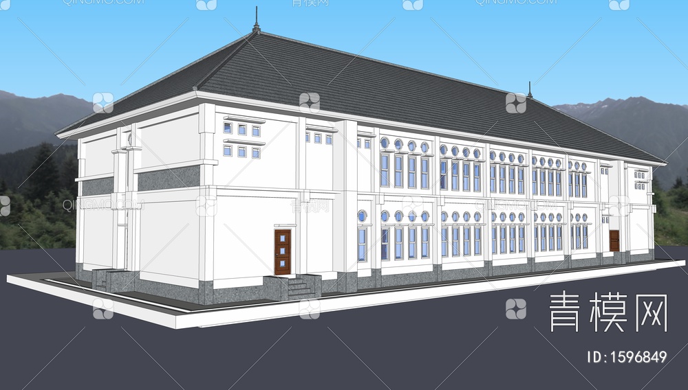 坡屋顶办公楼SU模型下载【ID:1596849】