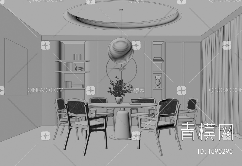 餐厅，圆形餐桌椅，圆形吊灯，定制餐边柜，纱帘，餐椅3D模型下载【ID:1595295】