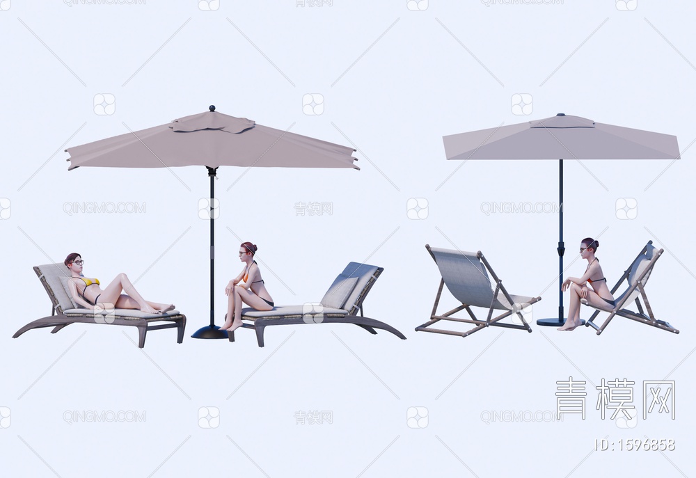 躺椅 沙发躺椅 泳池户外椅 沙滩躺椅  沙滩美女 人物 椅休闲椅 遮阳伞SU模型下载【ID:1596858】