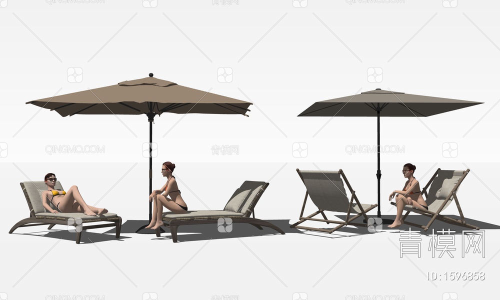 躺椅 沙发躺椅 泳池户外椅 沙滩躺椅  沙滩美女 人物 椅休闲椅 遮阳伞SU模型下载【ID:1596858】