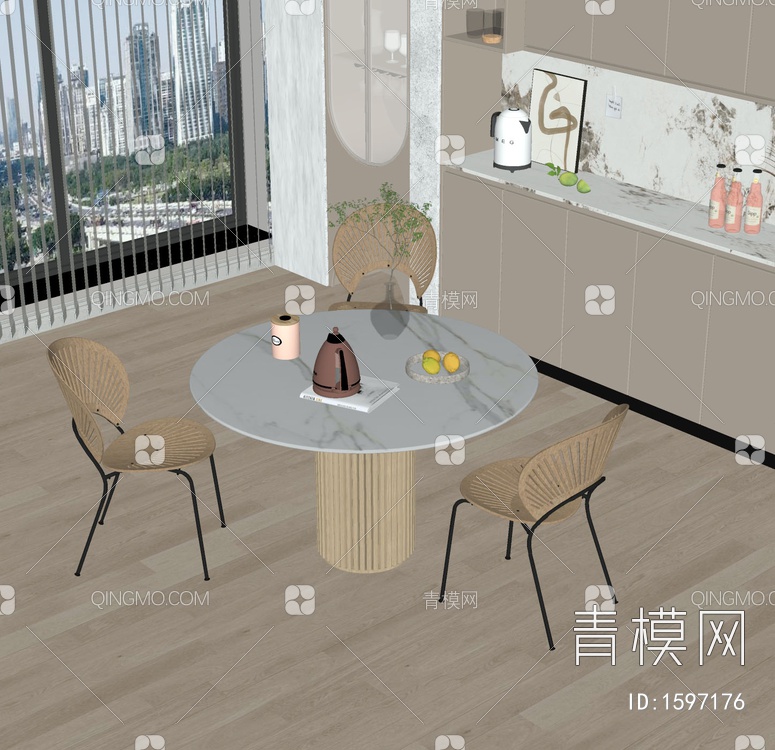 奶油风餐桌椅SU模型下载【ID:1597176】