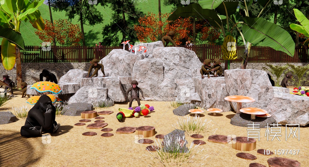 猴子动物公园景观 儿童游乐园 森林野生动物园 猴山 大猩猩 花果山SU模型下载【ID:1597437】