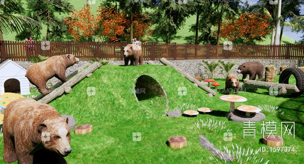 森林野生动物公园景观 棕熊动物园 黑熊 儿童游乐园 训练设施SU模型下载【ID:1597374】
