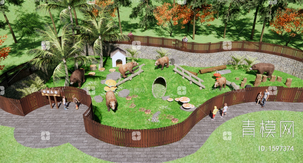 森林野生动物公园景观 棕熊动物园 黑熊 儿童游乐园 训练设施SU模型下载【ID:1597374】