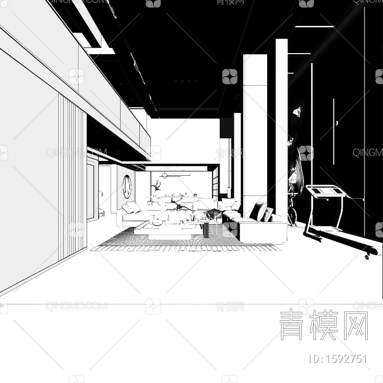 别墅客厅 茶室 天井景观3D模型下载【ID:1592751】