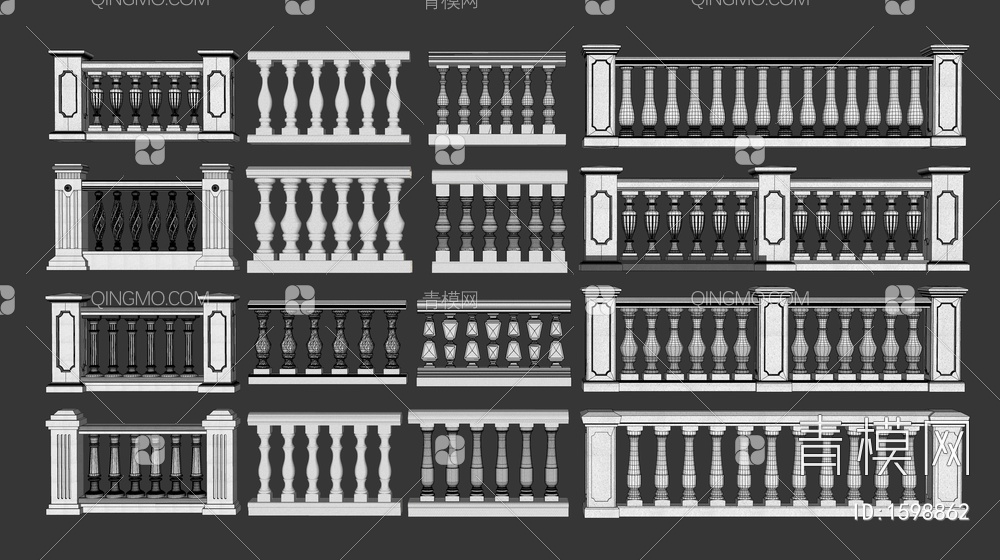栏杆 阳台栏杆 石材栏杆 石材护栏 扶手 围栏 护栏 宝瓶柱子SU模型下载【ID:1598862】