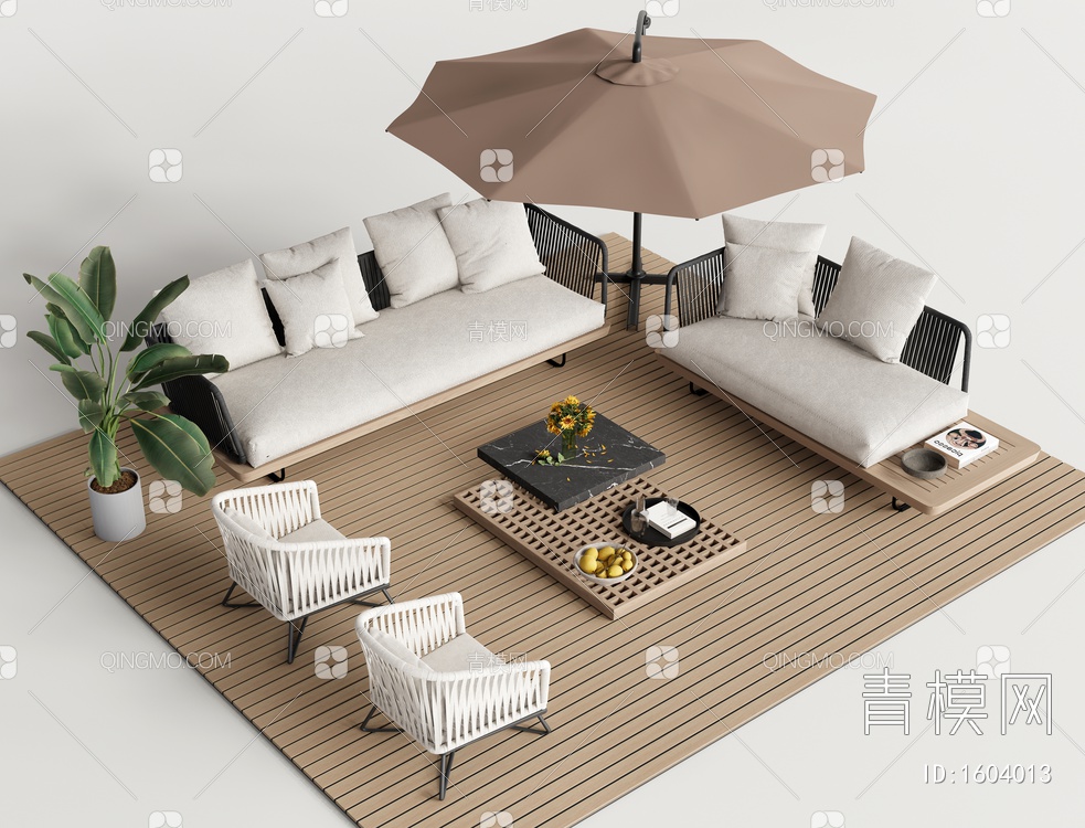 Solaria藤编户外沙发组合 庭院沙发 盆栽 遮阳伞3D模型下载【ID:1604013】