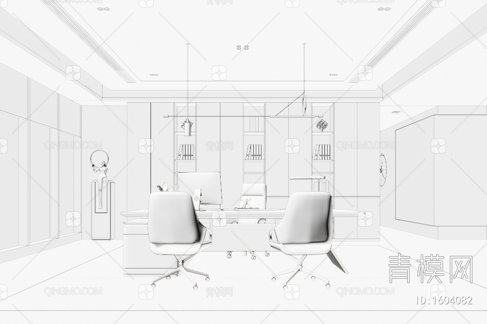 经理办公室，大班台，办公椅，书柜，吊灯，雕塑3D模型下载【ID:1604082】
