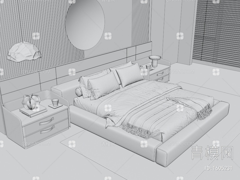 Minotti双人床  卧室  床头柜  吊灯3D模型下载【ID:1605231】