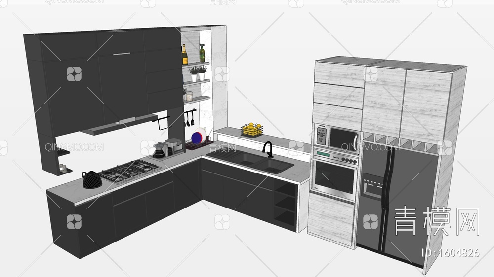 L型厨房橱柜冰箱厨具SU模型下载【ID:1604826】