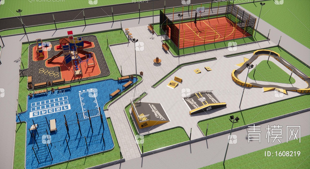 运动公园滑板公园篮球设施SU模型下载【ID:1608219】