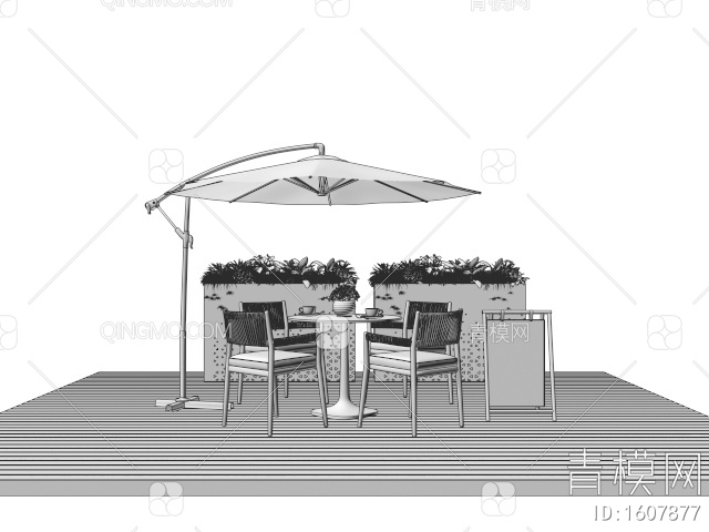 户外桌椅 休闲桌椅 植物花箱 遮阳伞3D模型下载【ID:1607877】