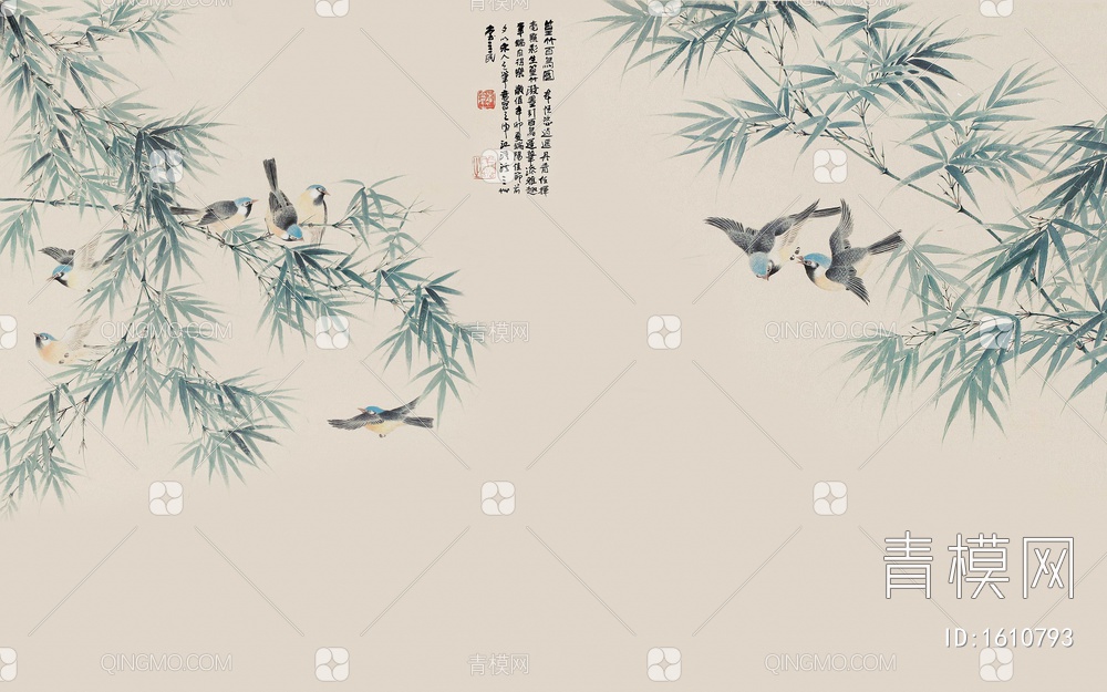 竹，鸟壁纸贴图下载【ID:1610793】