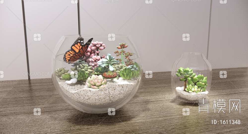 玻璃植物造景 植物组合 多肉植物盆栽 玻璃缸造景 微景观SU模型下载【ID:1611348】