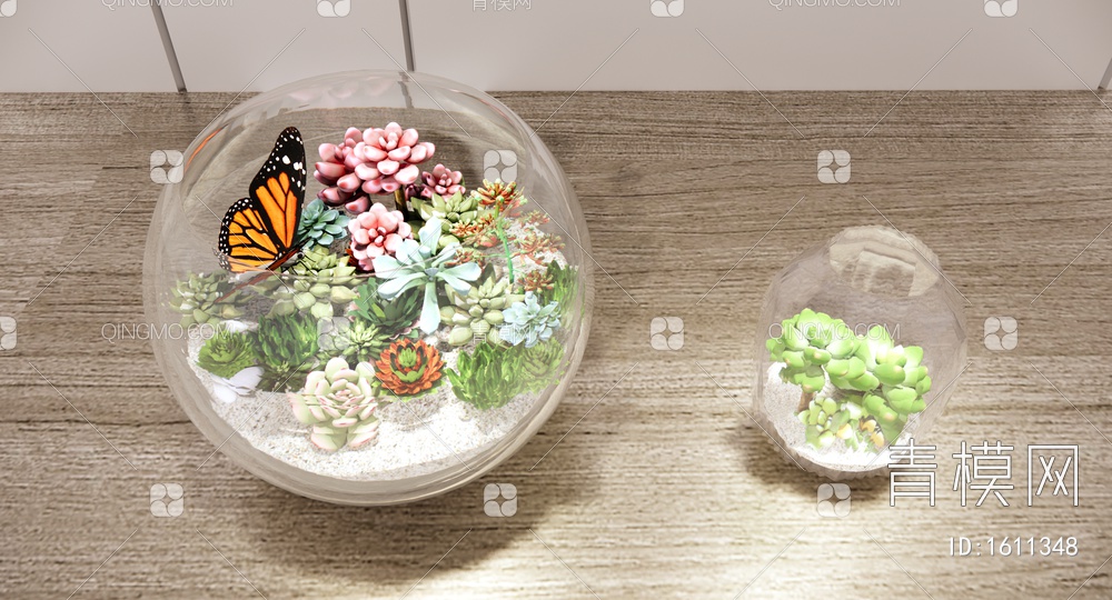 玻璃植物造景 植物组合 多肉植物盆栽 玻璃缸造景 微景观SU模型下载【ID:1611348】