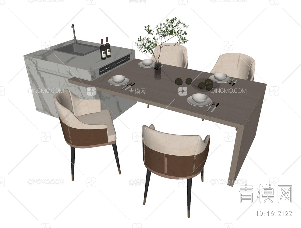 岛台餐桌椅组合SU模型下载【ID:1612122】