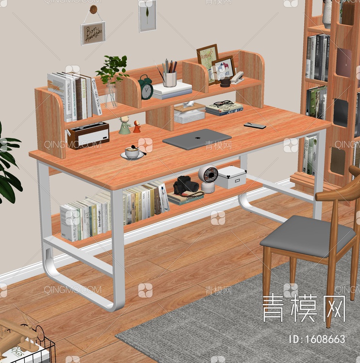 书桌椅组合 绿植书籍SU模型下载【ID:1608663】