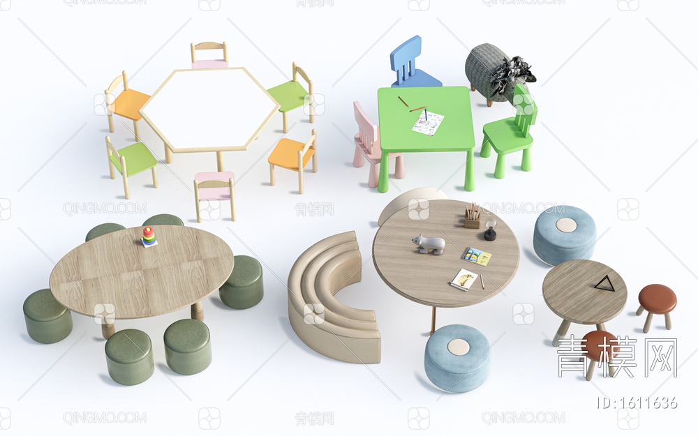 儿童桌椅 儿童家具 儿童手工桌 卡通桌椅SU模型下载【ID:1611636】