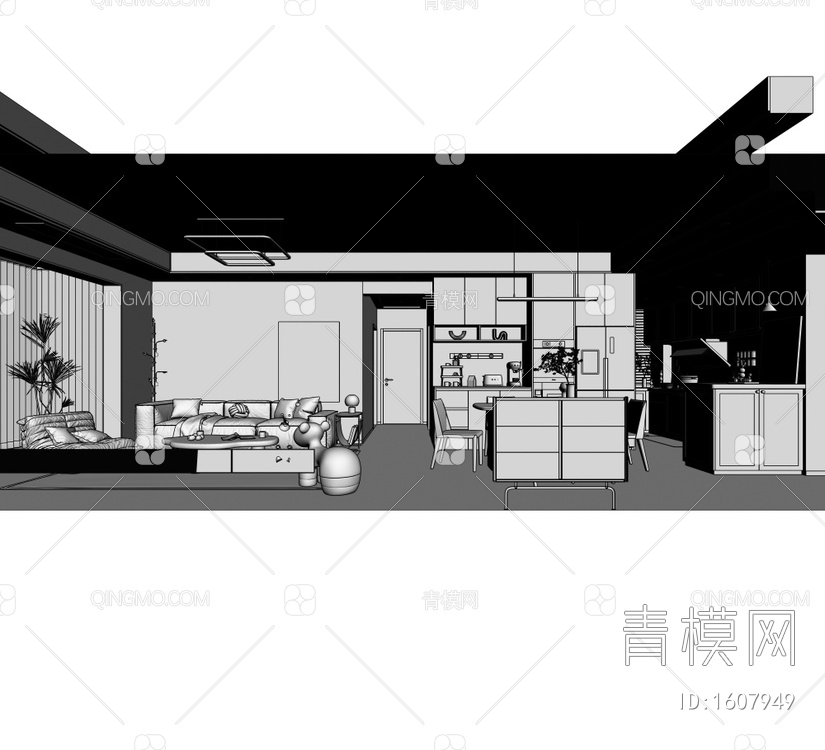网红客餐厅，餐边柜，斗柜，吊灯，厨房3D模型下载【ID:1607949】