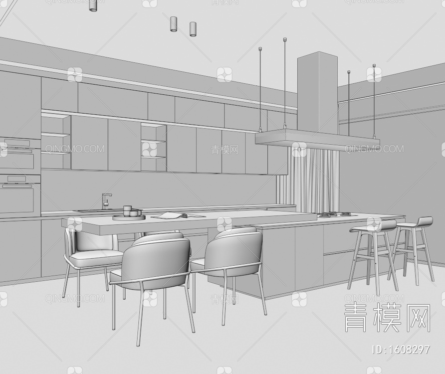 开放式厨房 中岛餐桌椅3D模型下载【ID:1608297】