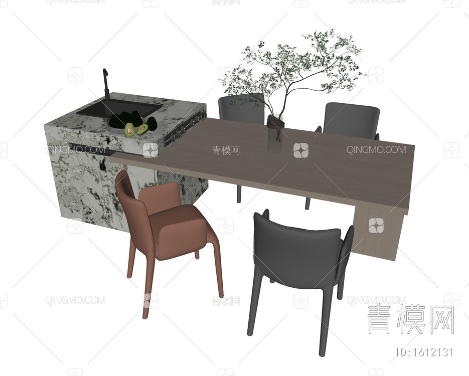 岛台餐桌椅组合SU模型下载【ID:1612131】