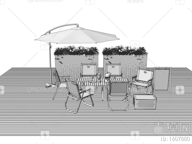 户外桌椅组合 露营桌椅 植物花箱 遮阳伞3D模型下载【ID:1607880】