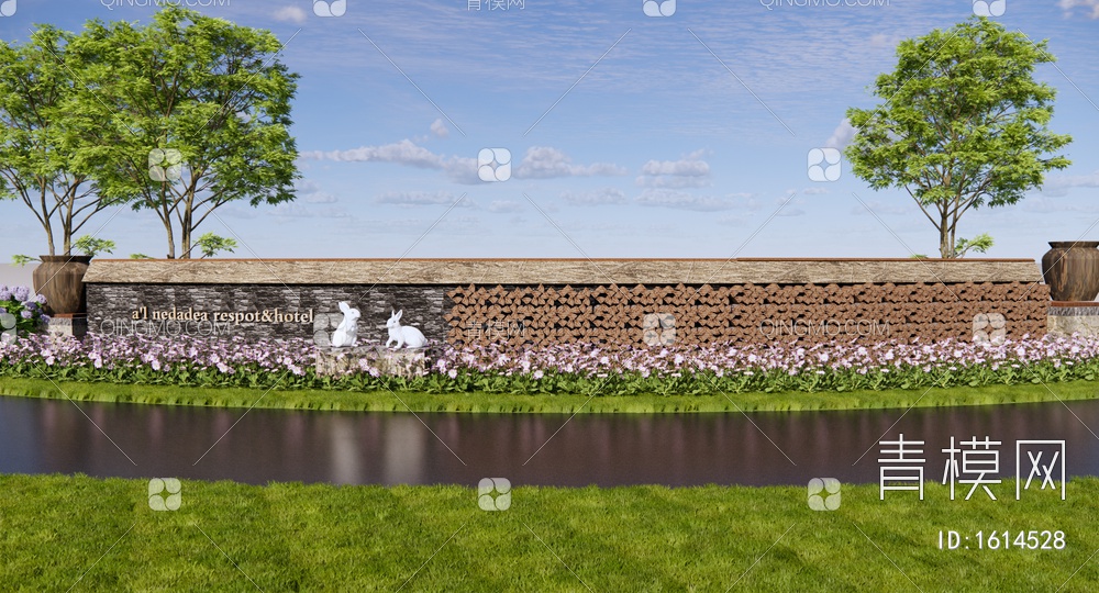 公园入口景墙 毛石LOGO矮墙 文化景墙 景墙围墙 花卉植物SU模型下载【ID:1614528】