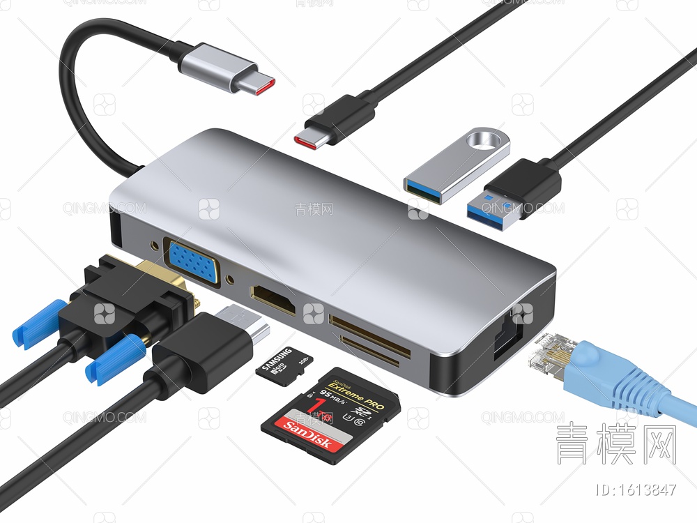 多功能扩展坞 USB数据线接口 网线 U盘 内存卡 SD卡 储存卡3D模型下载【ID:1613847】