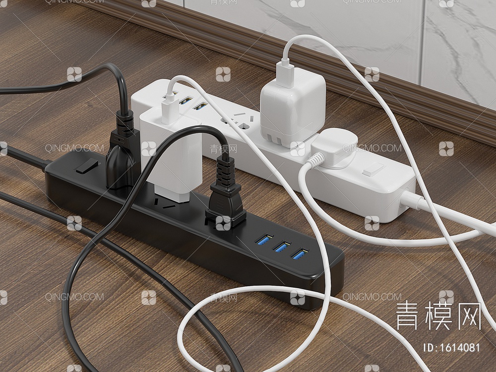 插线板 排插 插头 插座 充电器 USB数据线接口3D模型下载【ID:1614081】