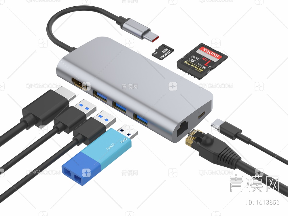 多功能扩展坞 USB数据线接口 网线 U盘 内存卡 SD卡 储存卡3D模型下载【ID:1613853】