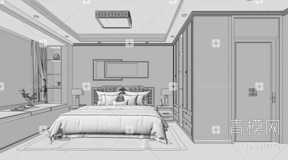卧室、床、挂画、飘窗、吸顶灯3D模型下载【ID:1612170】